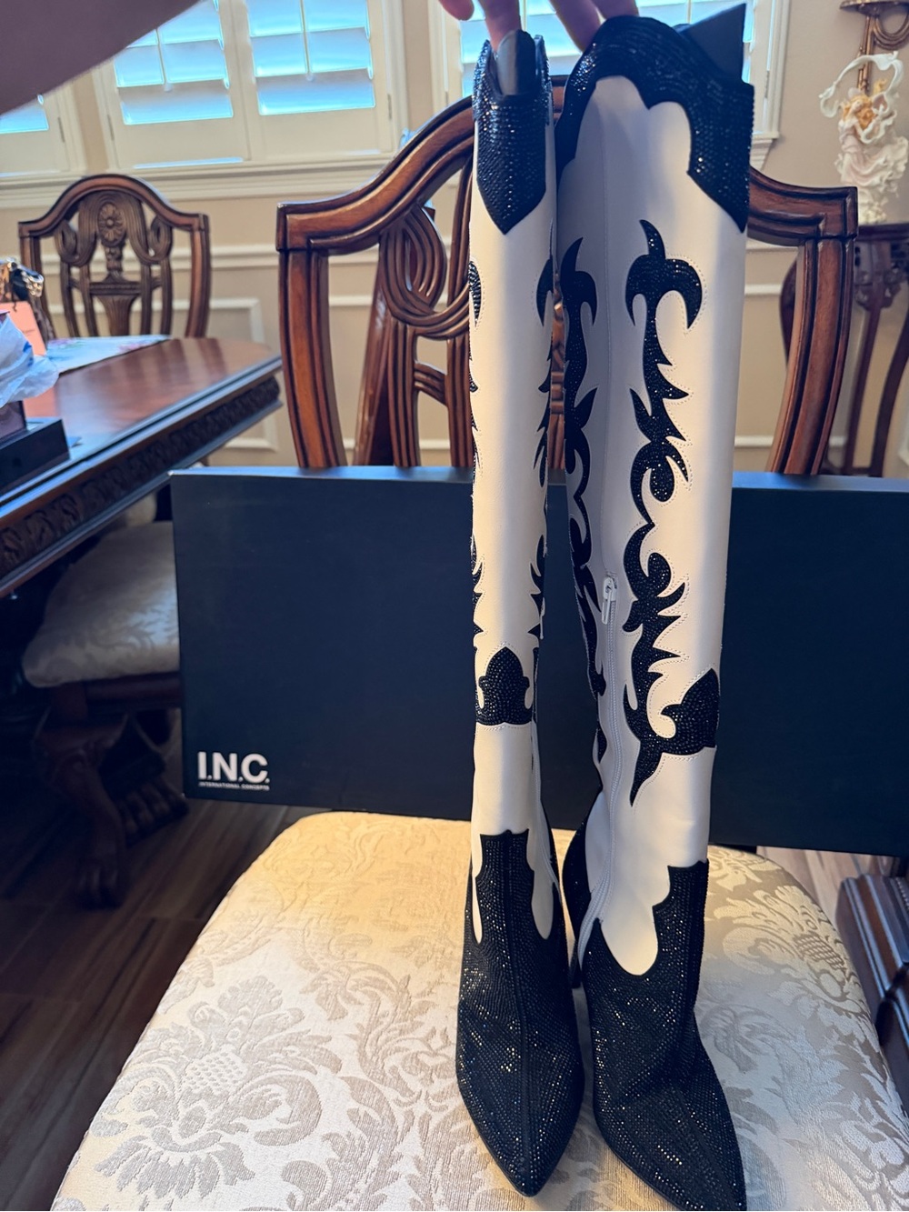 INC International Concepts Black and White Embellished Knee-High Heeled Boots
